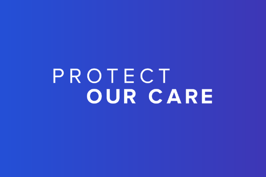 Protect Our Care logo in white text on a blue background
